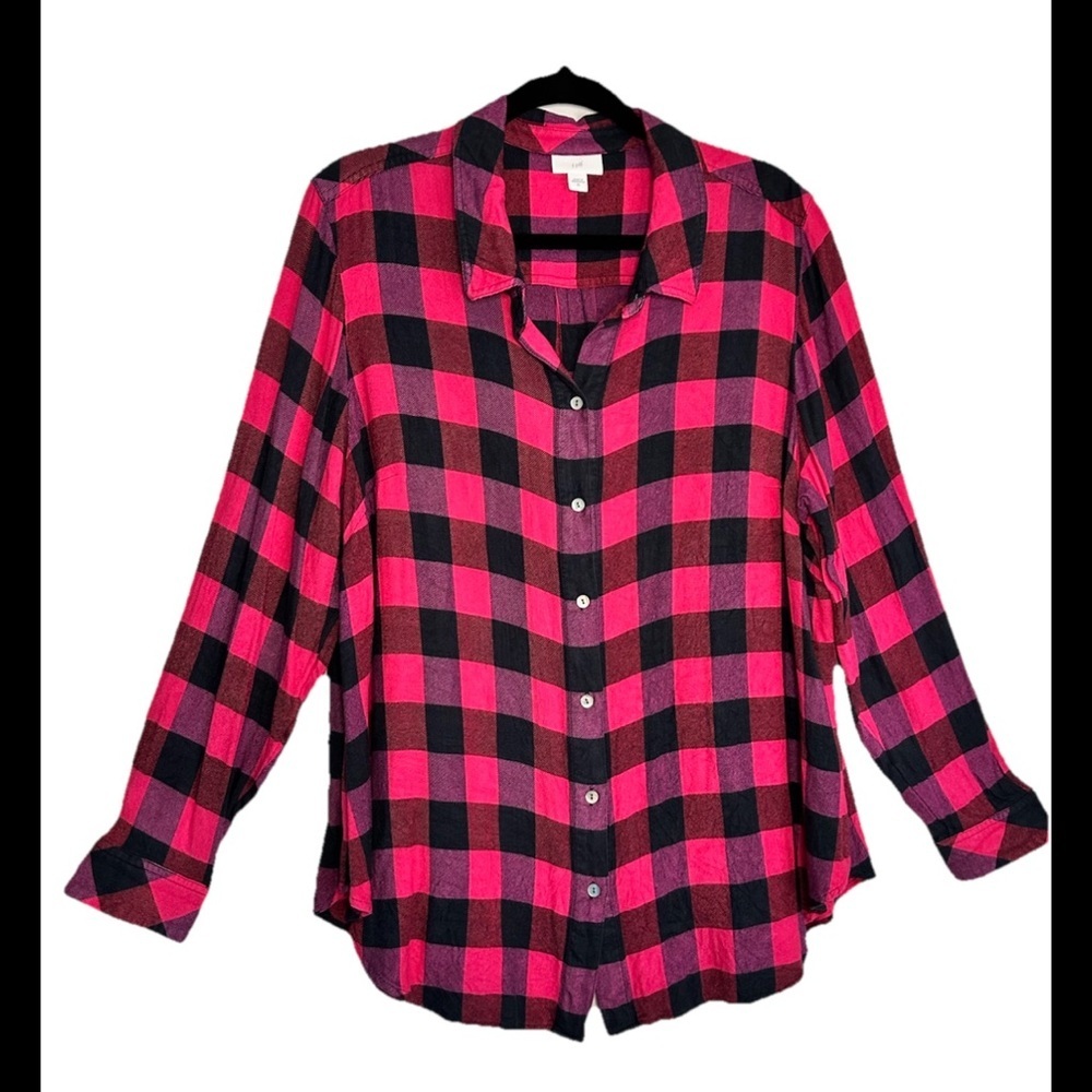 J. Jill Women’s Pink Black Plaid Oversized Buttondown Shirt Sz XL